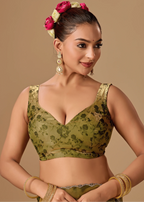  Olive Green Organza Silk Saree Close Up Pose - Festive Wear Saree