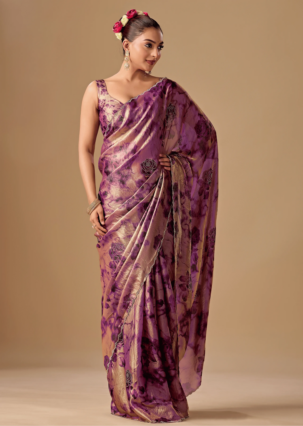 Lavender Organza Silk Saree With Stone Work