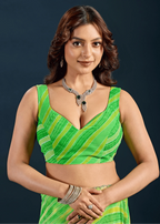 Parrot Green Chiffon Saree Close Up Pose - Day Functions Wear