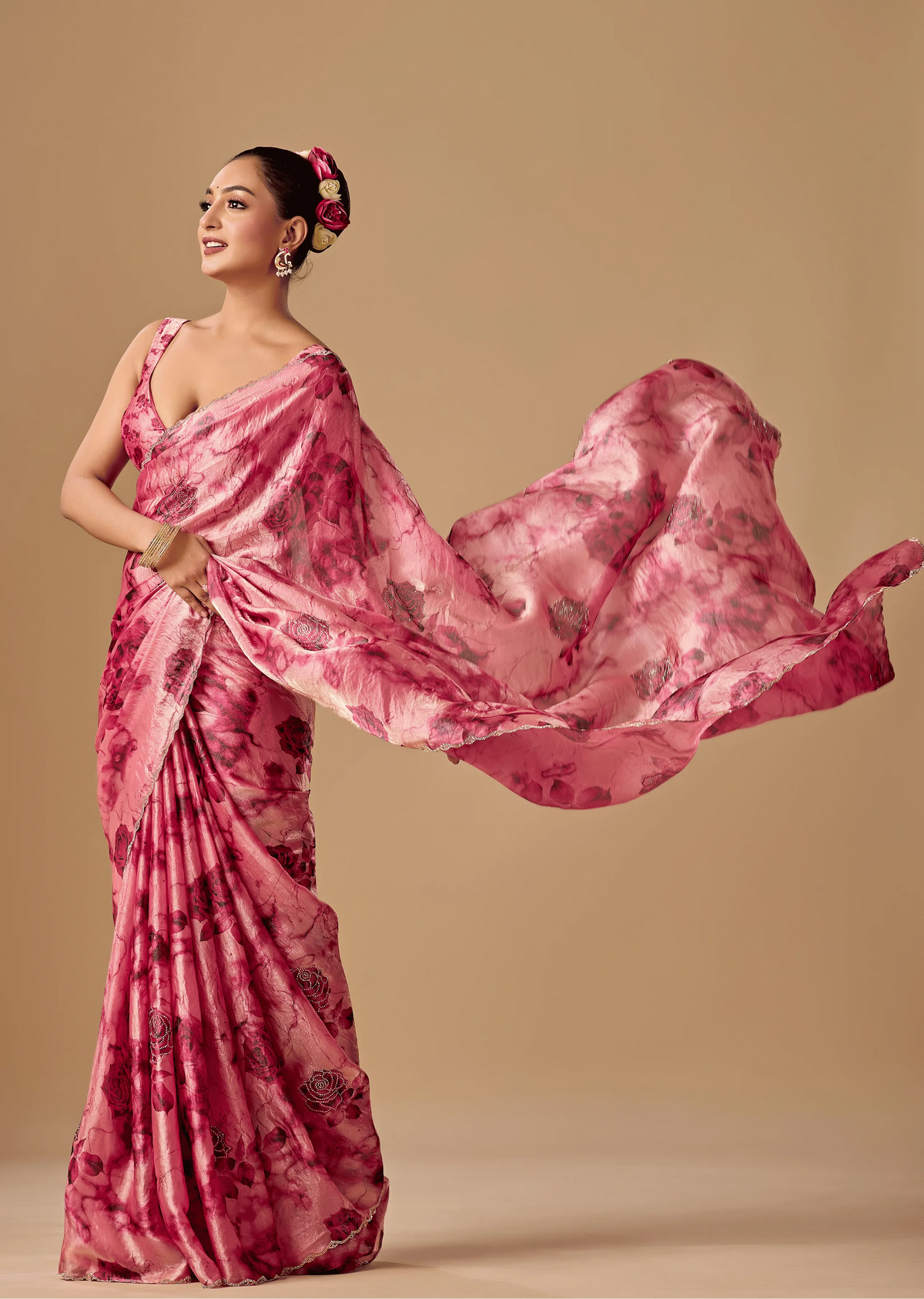 Rose Red Organza Silk Saree Close Up Pose - Festive Wear Saree