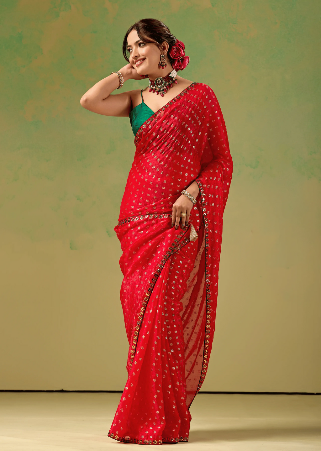 Red Tissue Silk Saree With Foil Butti Print