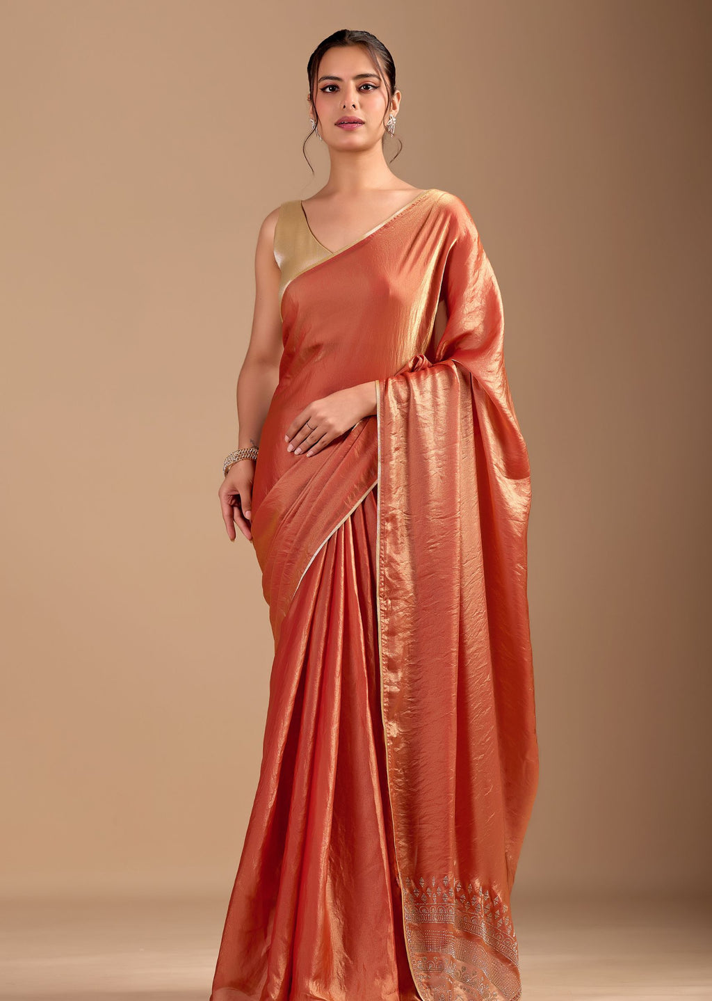 Peach Orange Organza Saree with Stone Work Border & Metallic Sheen