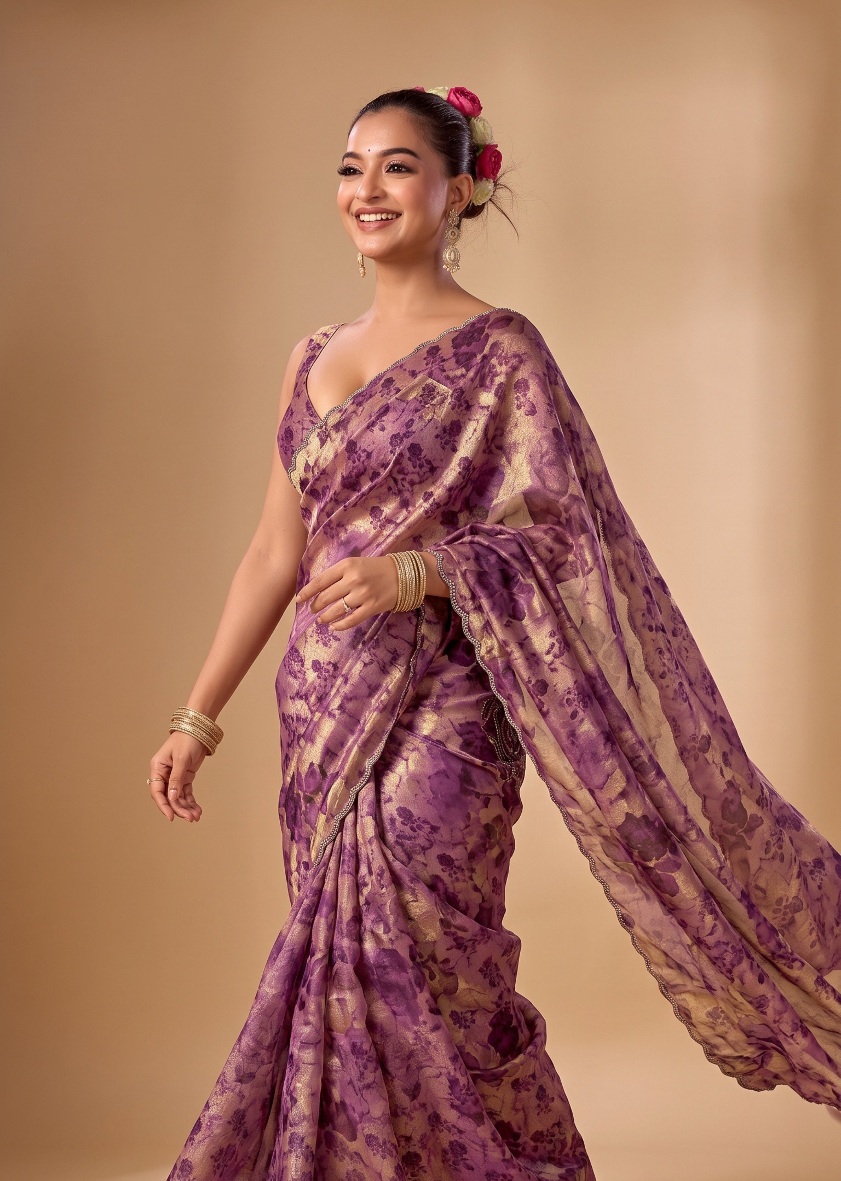 Ethnic9 Purple Floral Brocade Sweetheart Neck Sleeveless Readymade Blouse for Women
