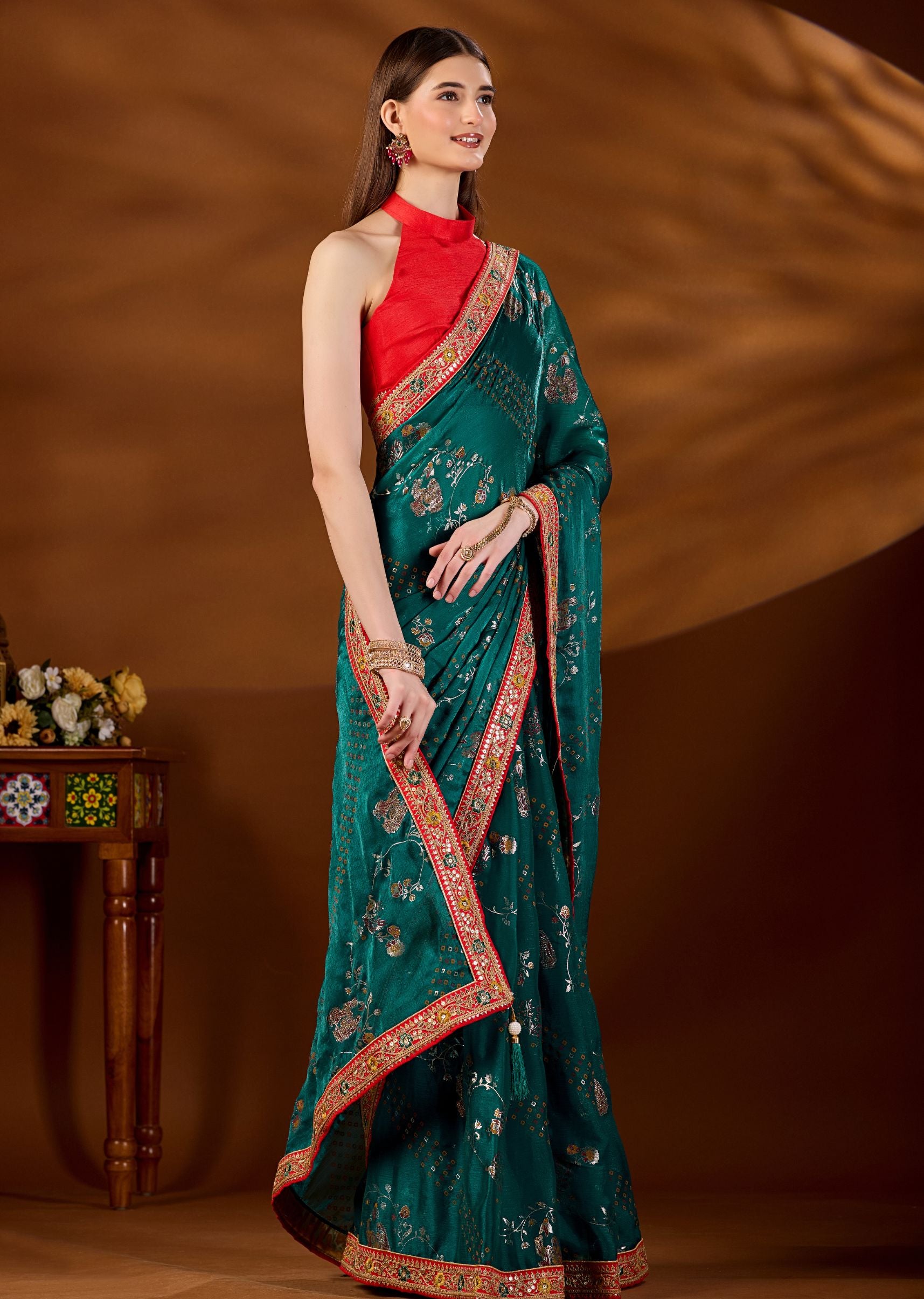 Firozi Art Silk Saree Embroidered Border Close Up - Wedding Saree
