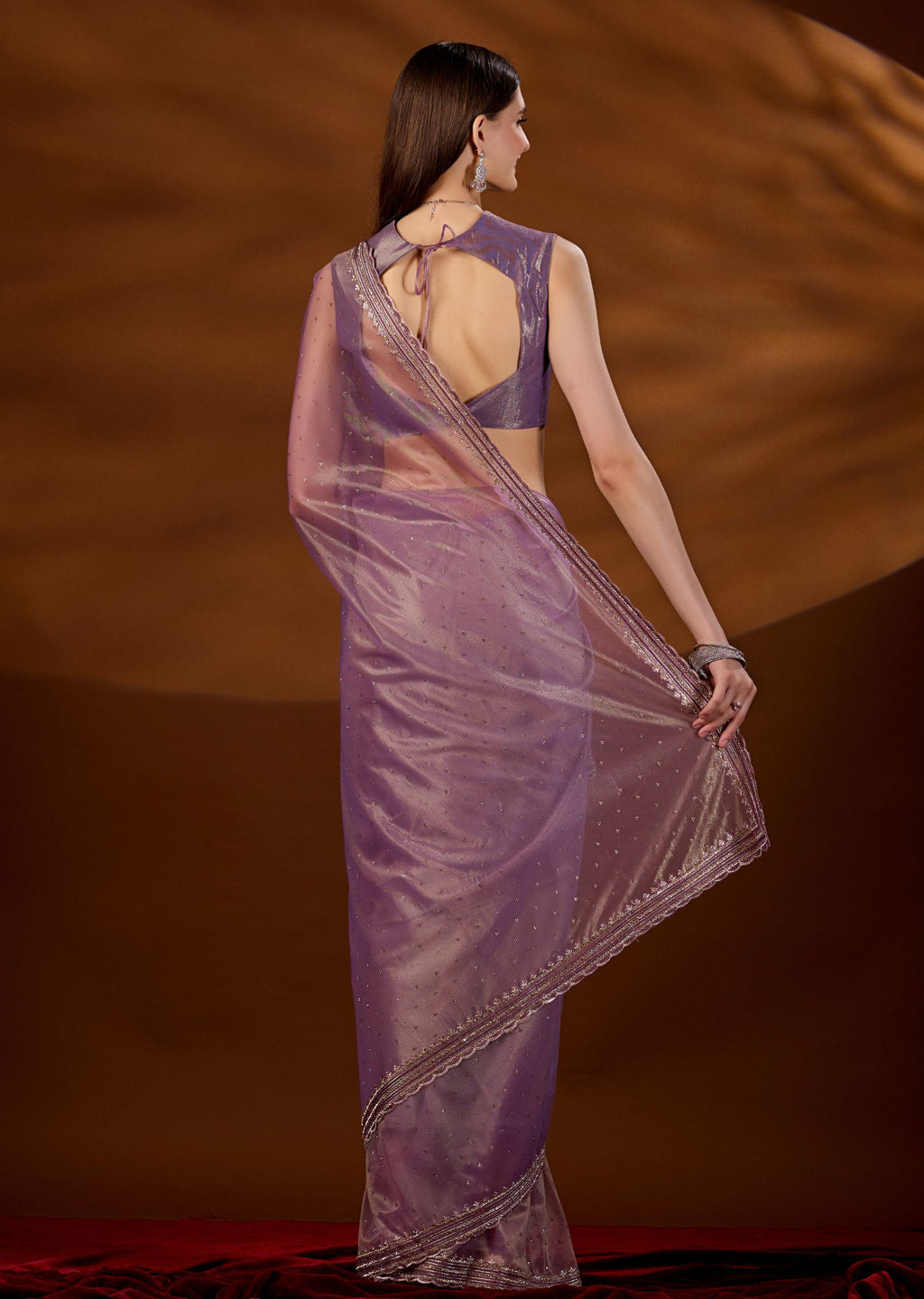 Purple Tissue Saree Draped Look - Scalloped Zari Border Detail