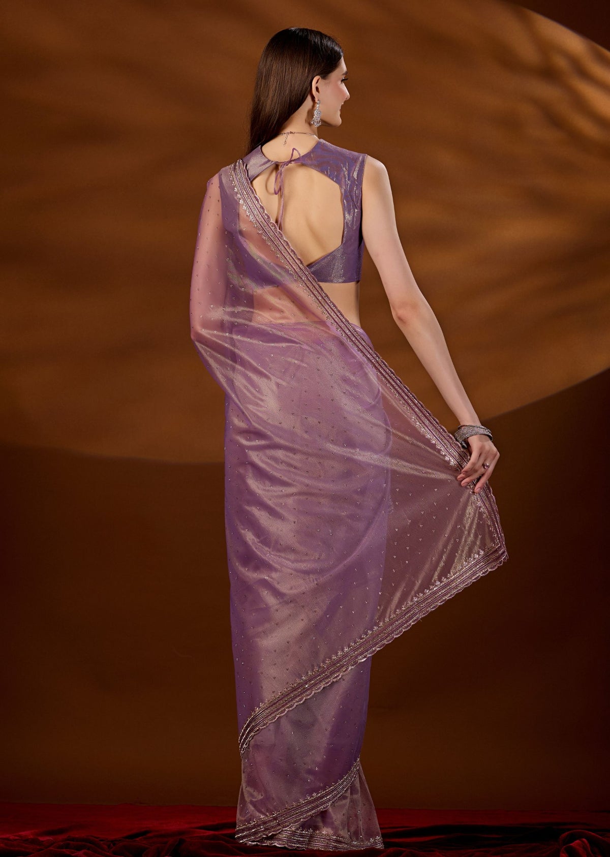 Purple Tissue Saree Draped Look - Scalloped Zari Border Detail