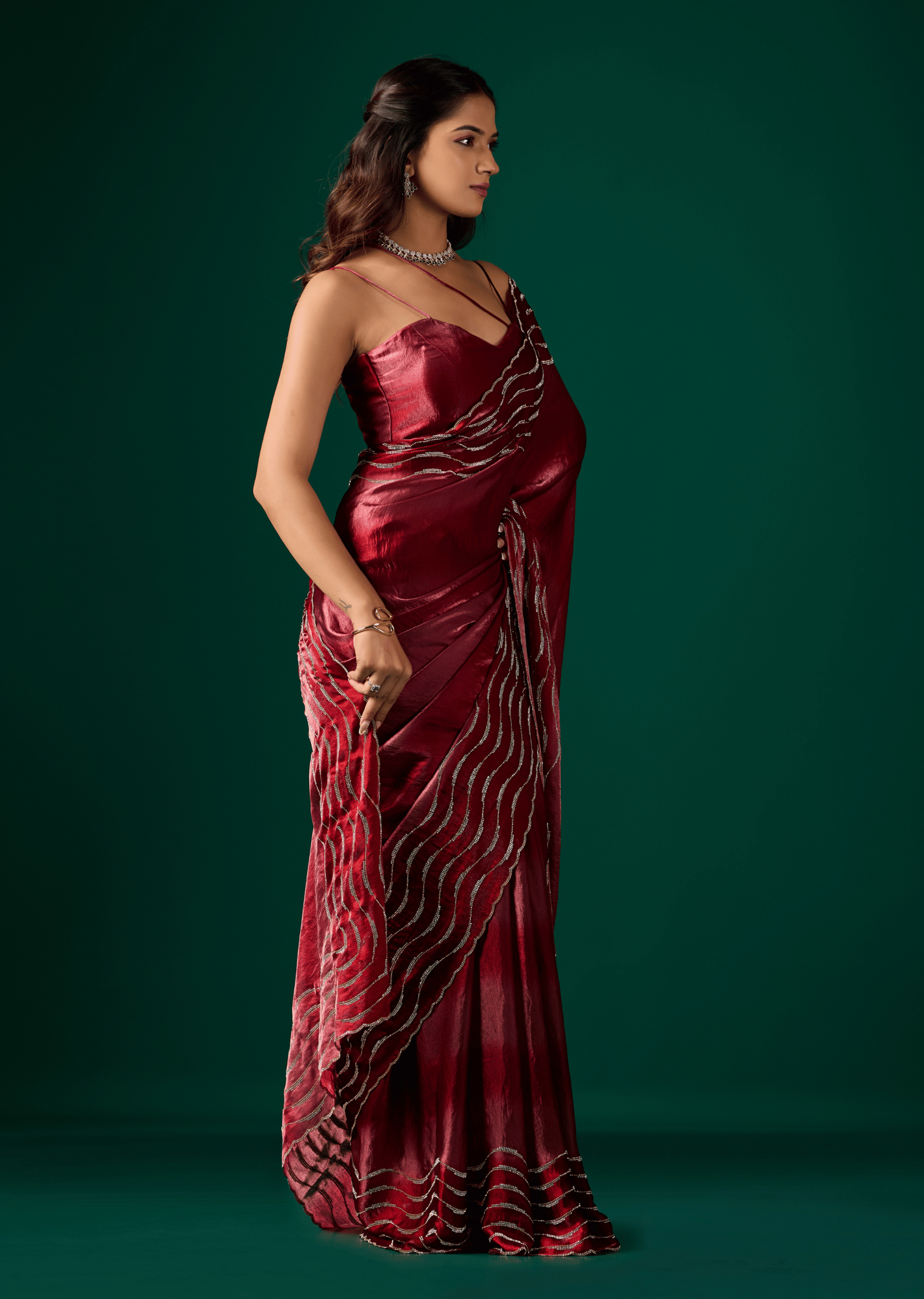 Wine Italian Silk Saree With Matching Blouse - Party Wear Look