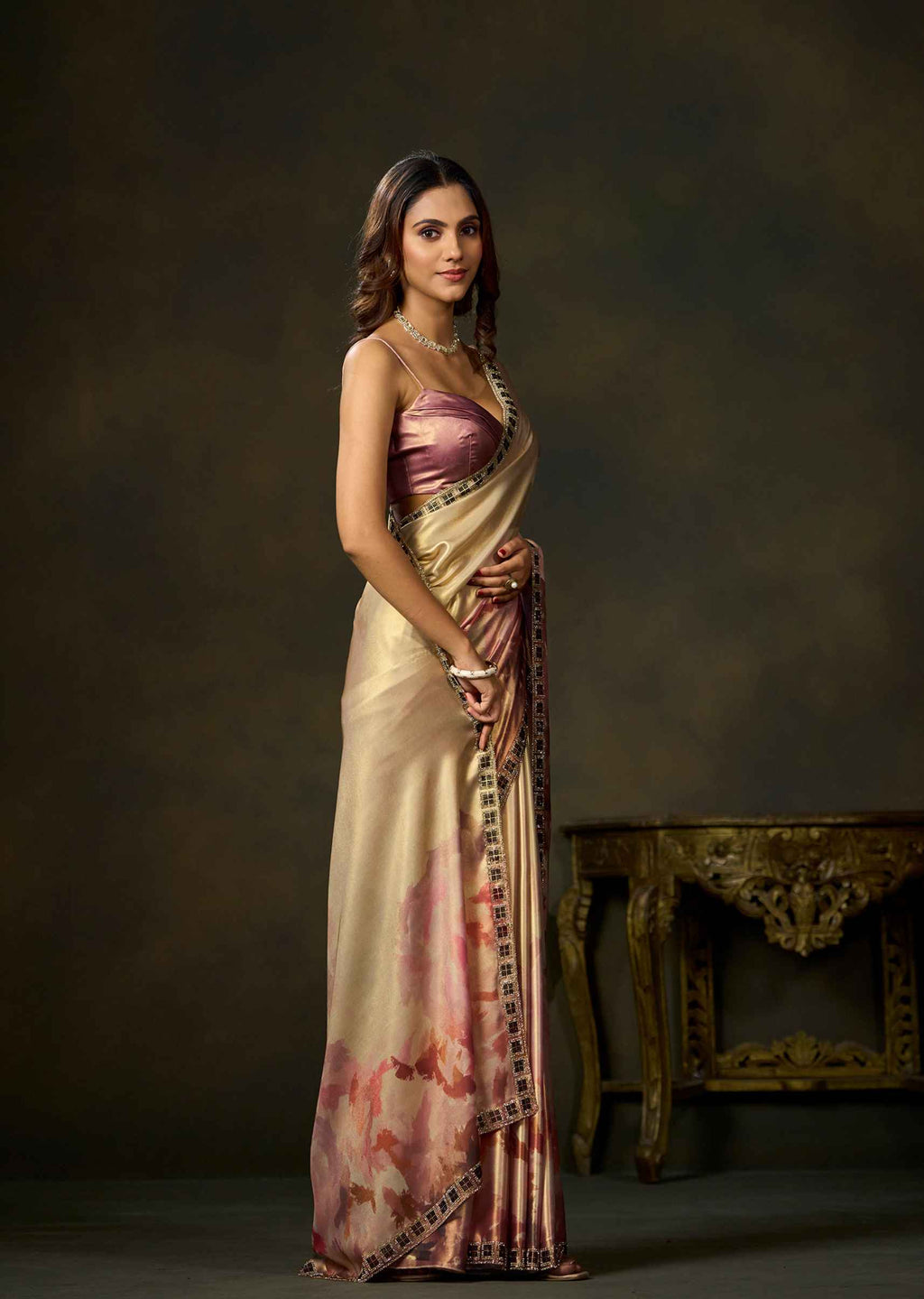 Elegant pink floral watercolor printed satin silk saree with a patterned border by Ethnic9.