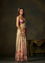 Elegant pink floral watercolor printed satin silk saree with a patterned border by Ethnic9.