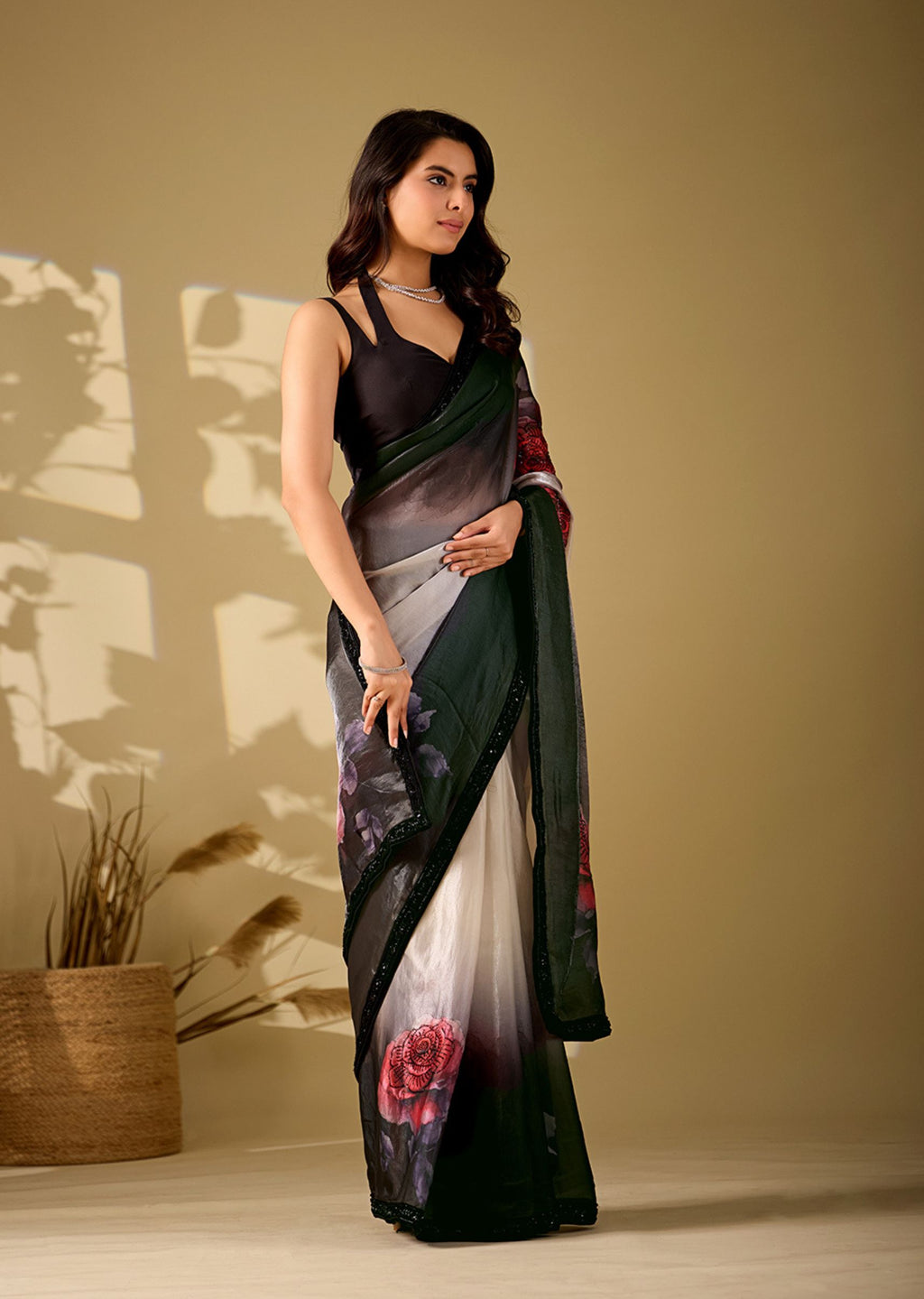 black ombre floral italian silk saree draped back pose