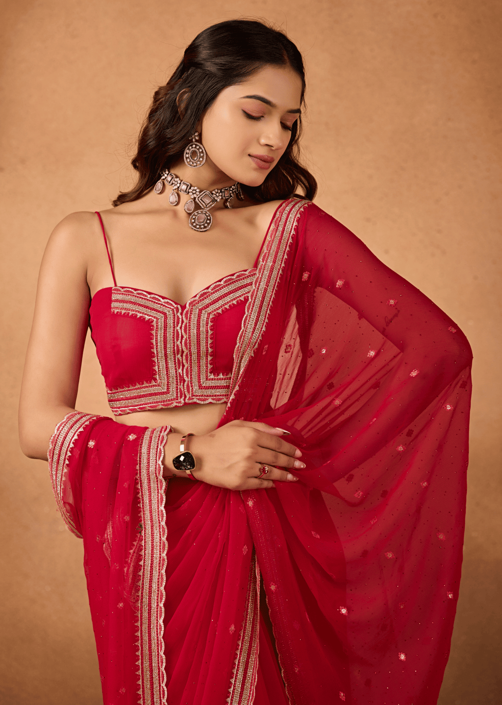 Red Chiffon Saree Sequin Embroidery - Draped Pose
