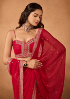 Red Chiffon Saree Sequin Embroidery - Draped Pose