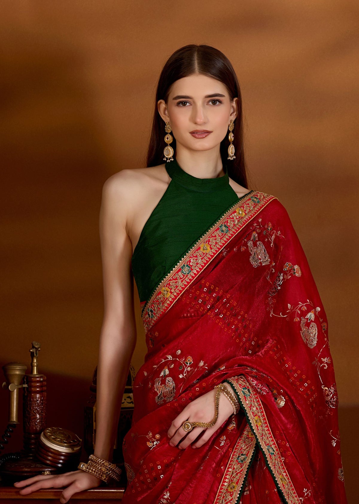 Red Art Silk Saree Zari Peacock Floral Jaal - Close Up Pose