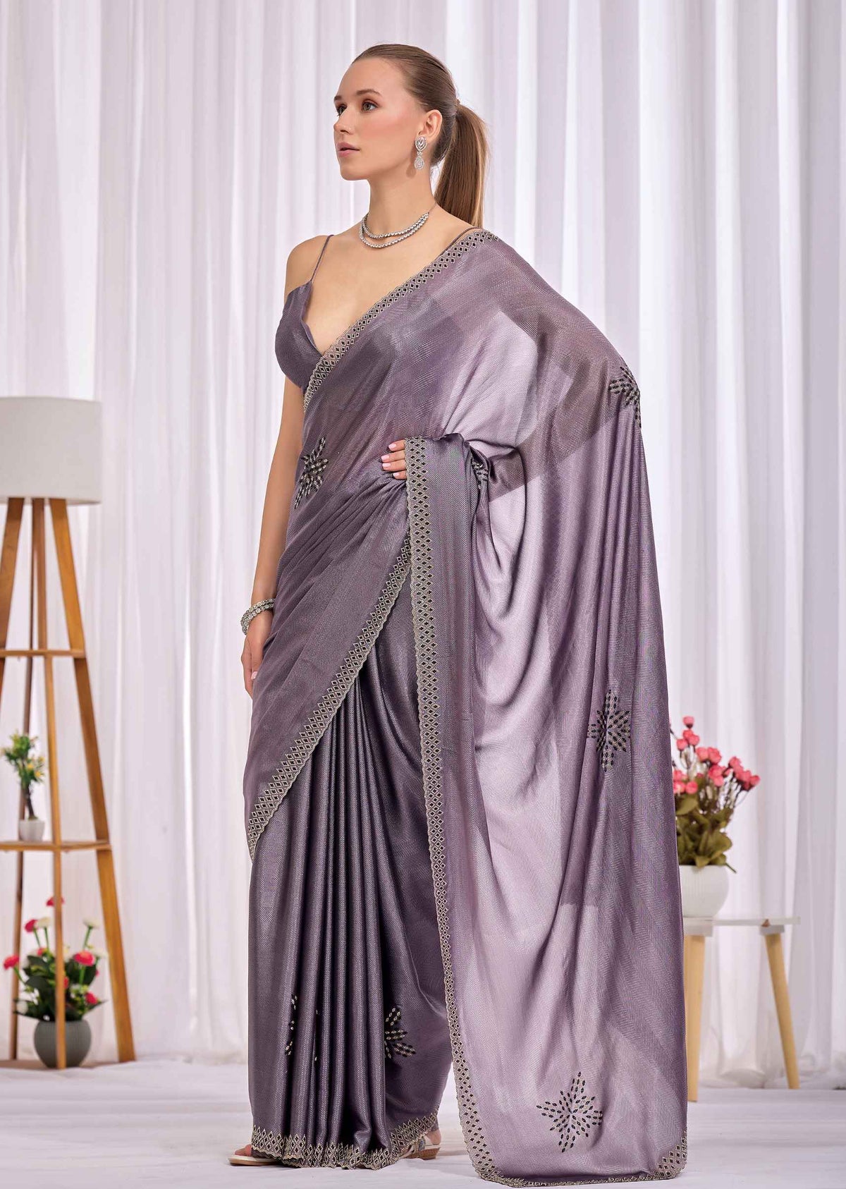 Purple Italian Silk Saree With Diamond Pattern Border And Bead Motifs