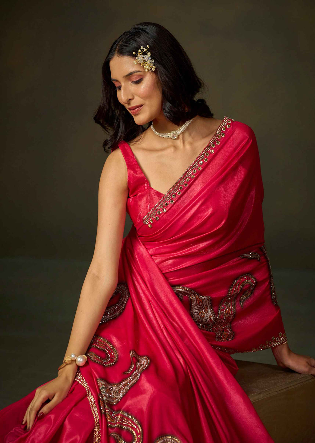 Pink Satin Silk Saree With Paisley Embellished Motifs And Border