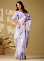 blue tiger print italian silk saree side pose