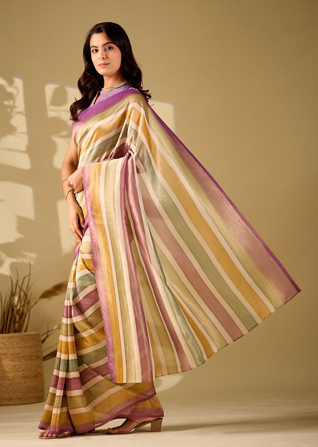 purple multicolor striped tissue silk saree pallu draped closeup