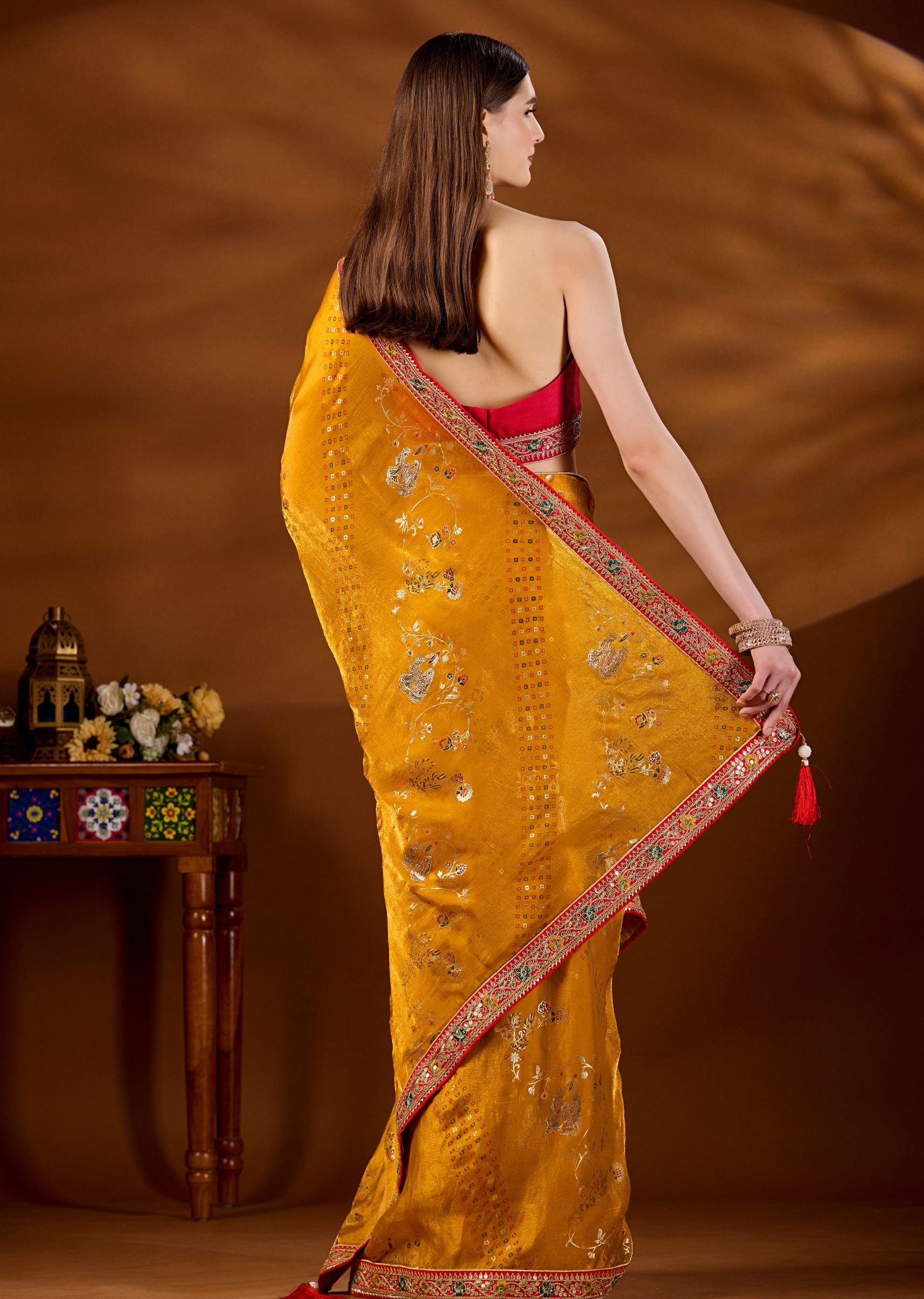 Yellow Art Silk Saree Draped Look - Zari Peacock Floral Jaal Detail