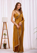 Yellow Italian Silk Saree With Diamond Pattern Border And Bead Motifs
