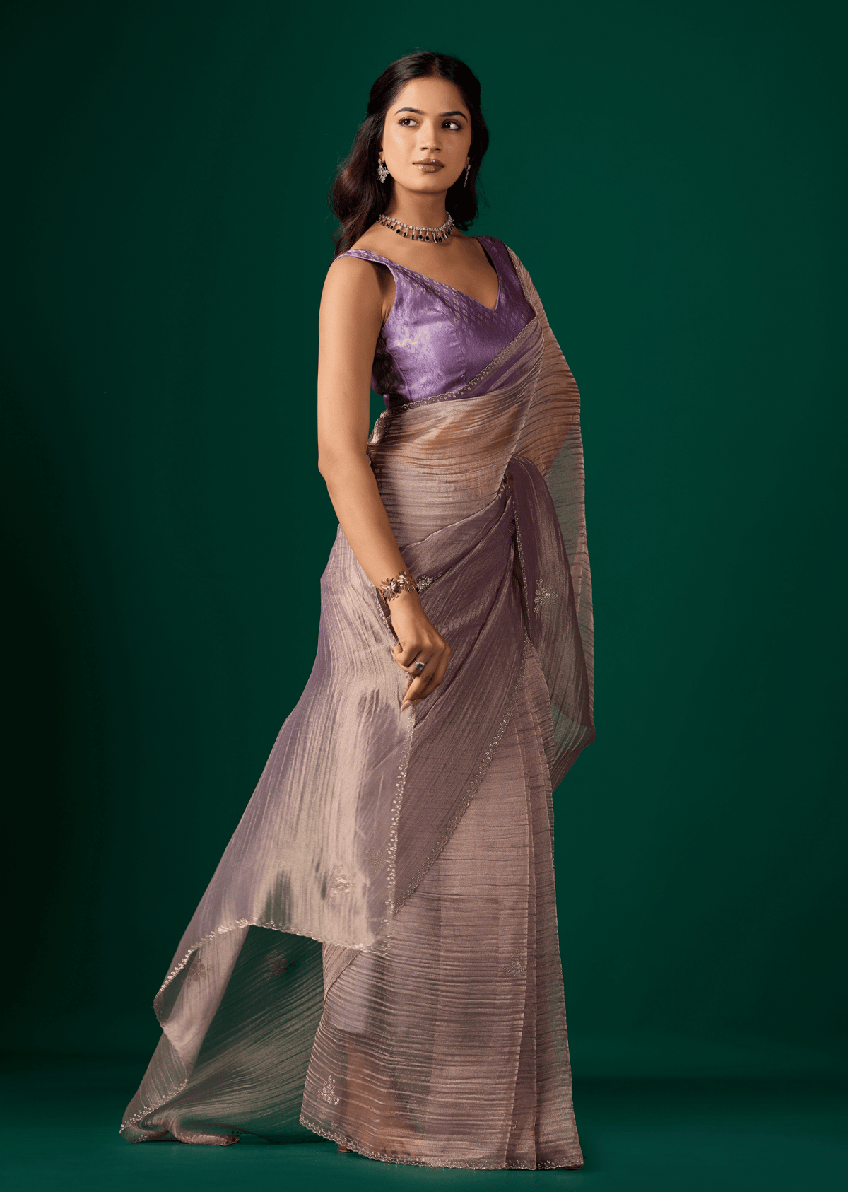 Purple Crushed Organza Saree Styled Look - Wedding Wear