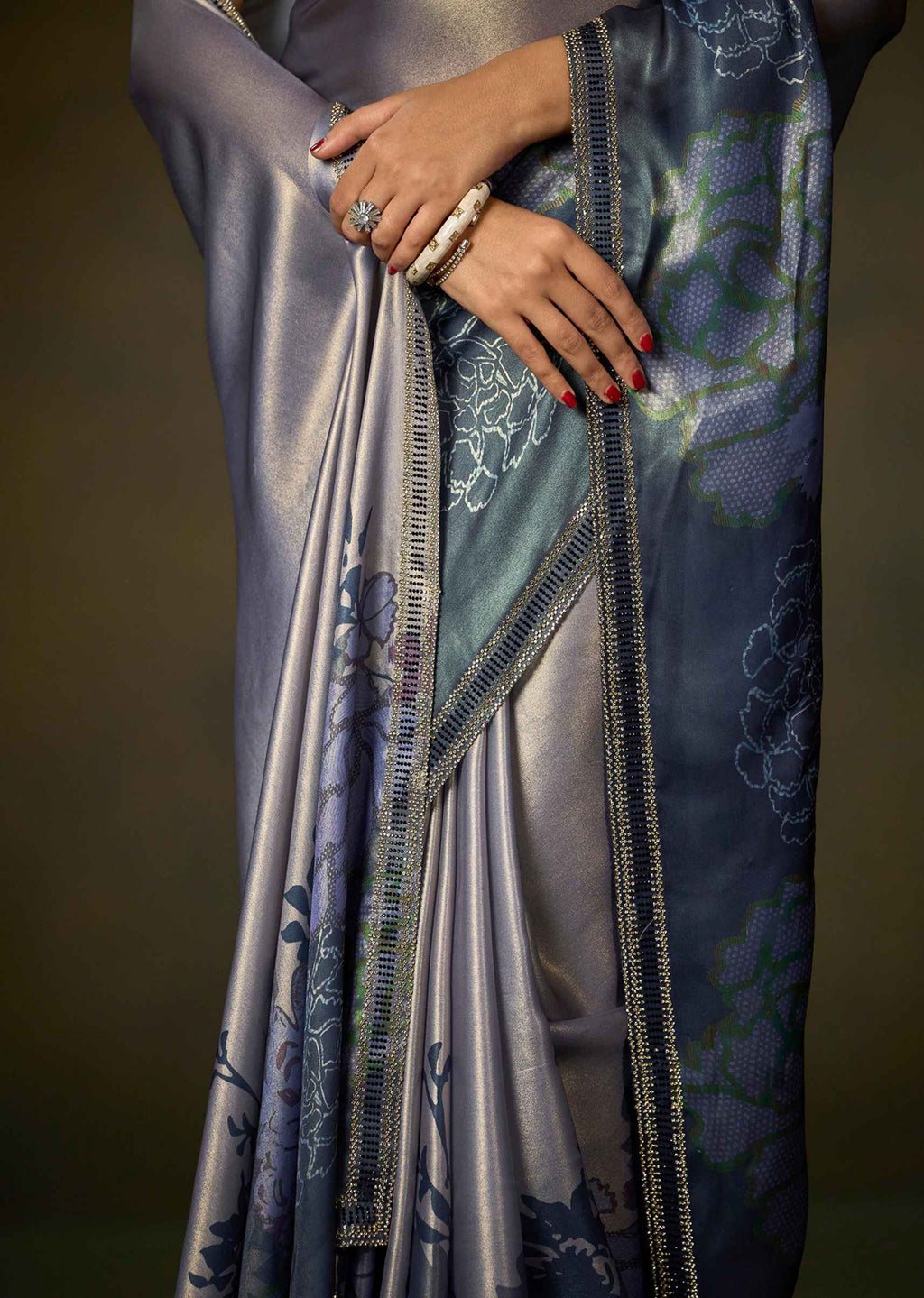 Blue Ombre Floral Printed Satin Silk Saree With Embellished Border