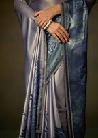Blue Ombre Floral Printed Satin Silk Saree With Embellished Border