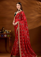 Red Art Silk Saree Kundan Border Close Up - Wedding Saree