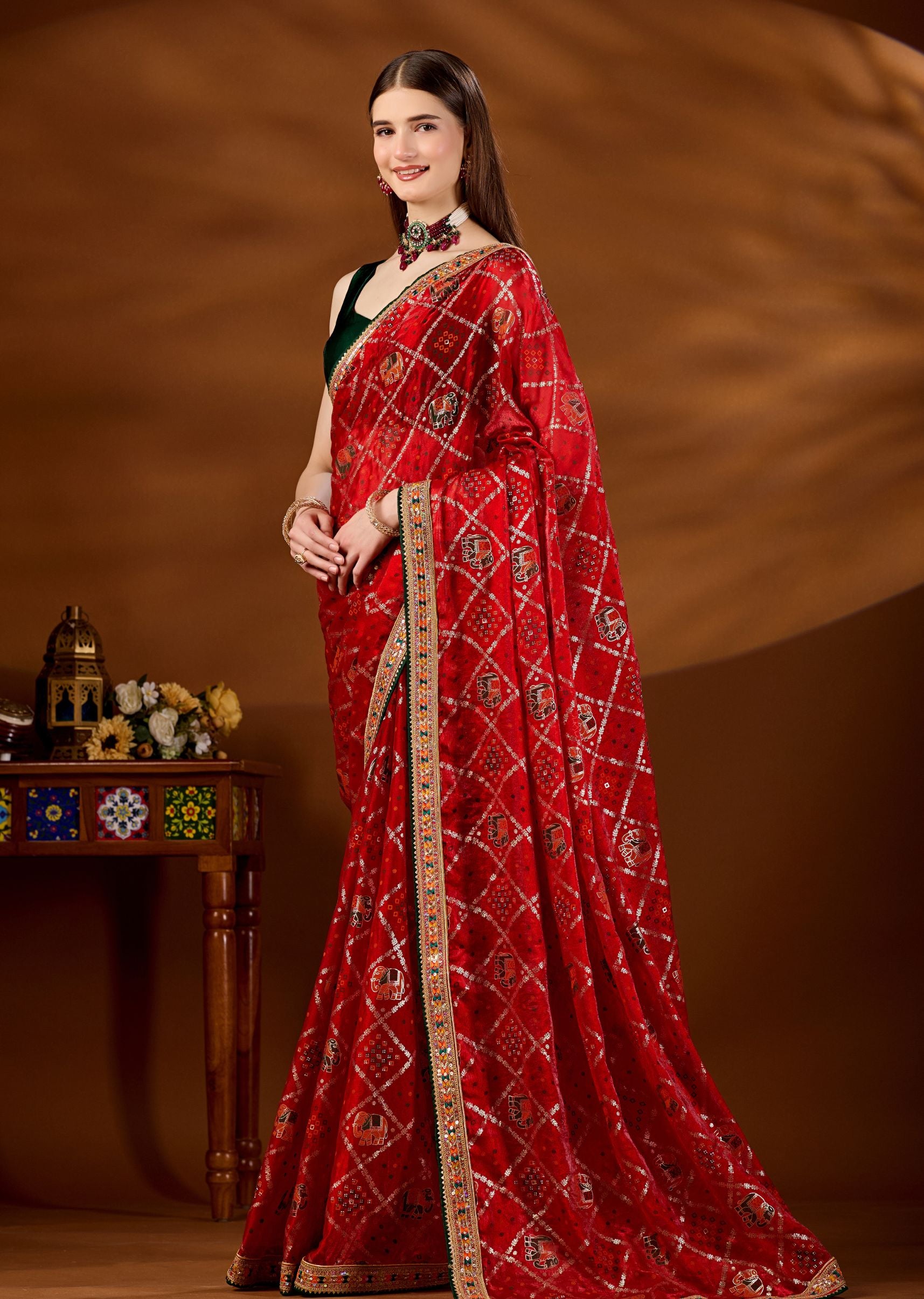 Red Art Silk Saree Kundan Border Close Up - Wedding Saree