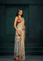 Orange Ombre Floral Printed Satin Silk Saree With Embellished Border