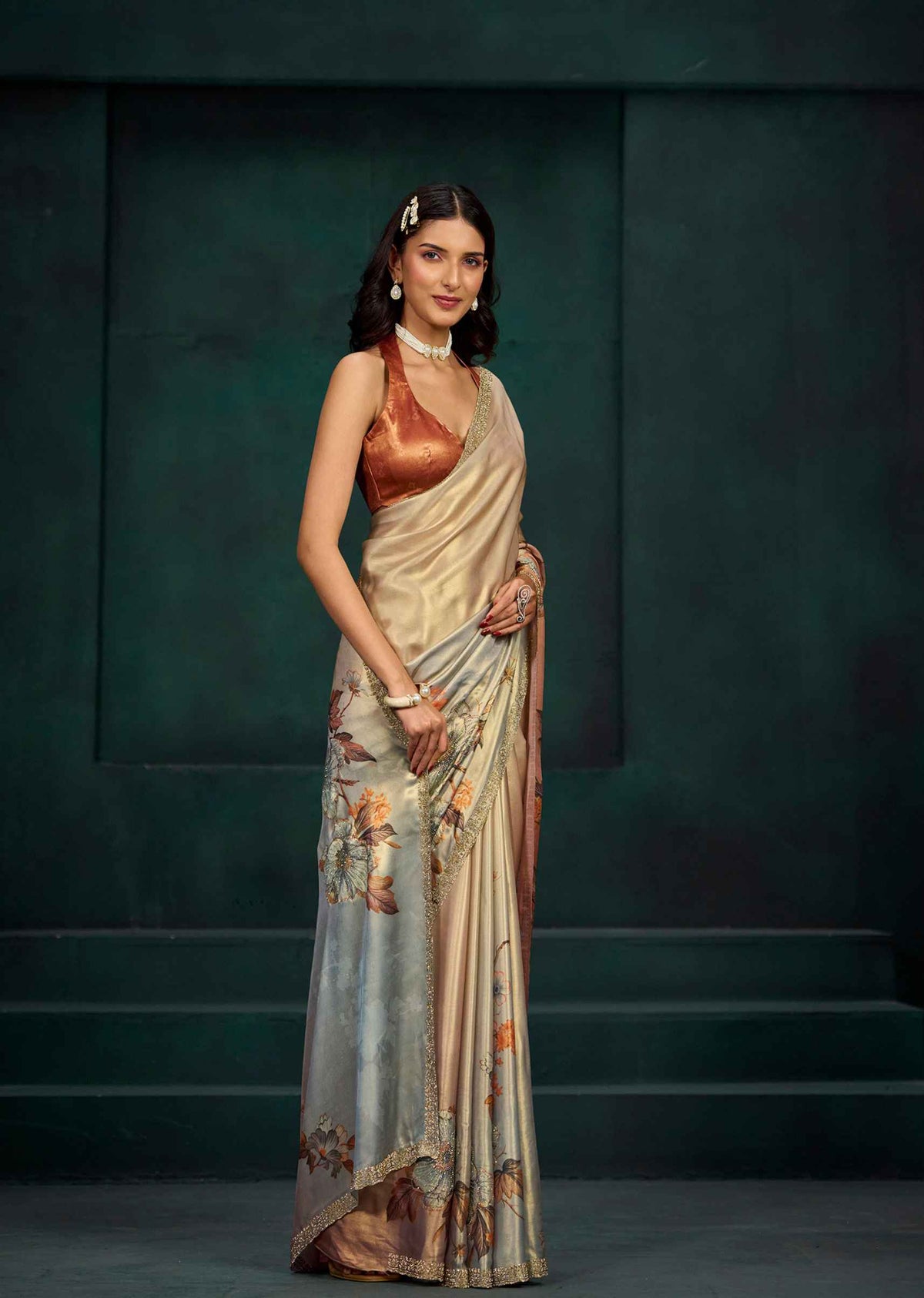 Orange Ombre Floral Printed Satin Silk Saree With Embellished Border