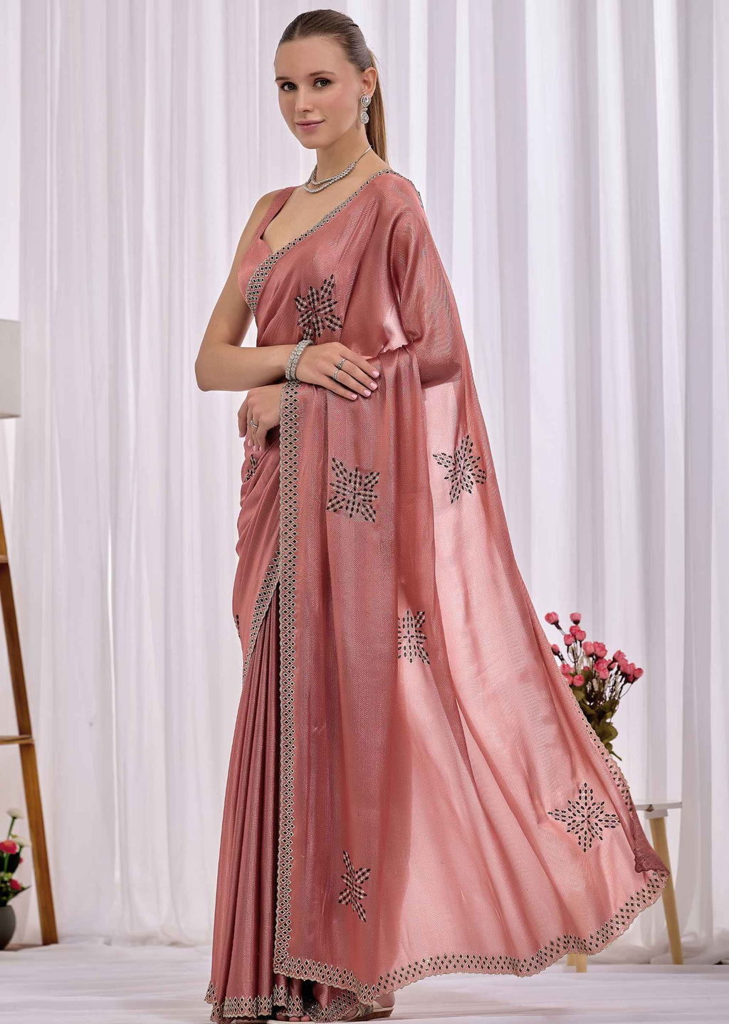 Pink Italian Silk Saree With Diamond Pattern Border And Bead Motifs