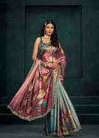 Pink Ombre Floral Printed Satin Silk Saree With Embellished Border