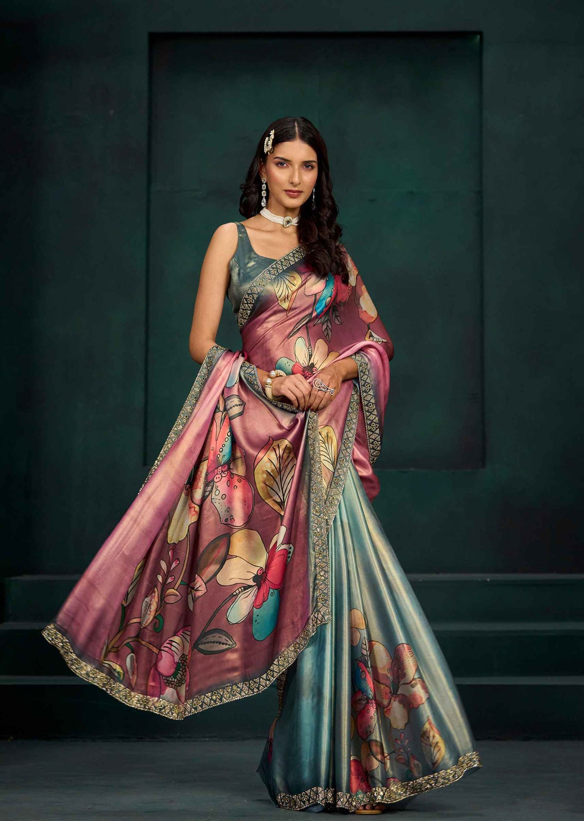 Pink Ombre Floral Printed Satin Silk Saree With Embellished Border