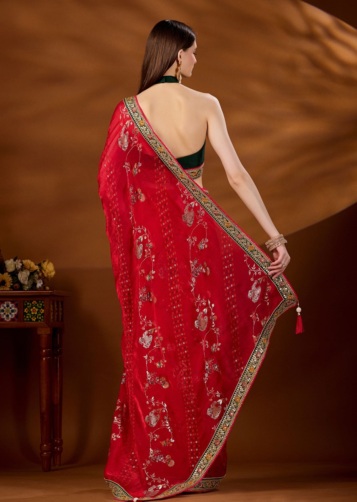 Pink Art Silk Saree Draped Look - Zari Peacock Floral Jaal Detail
