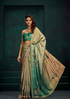 Green Ombre White Floral Printed Satin Silk Saree With Embellished Border
