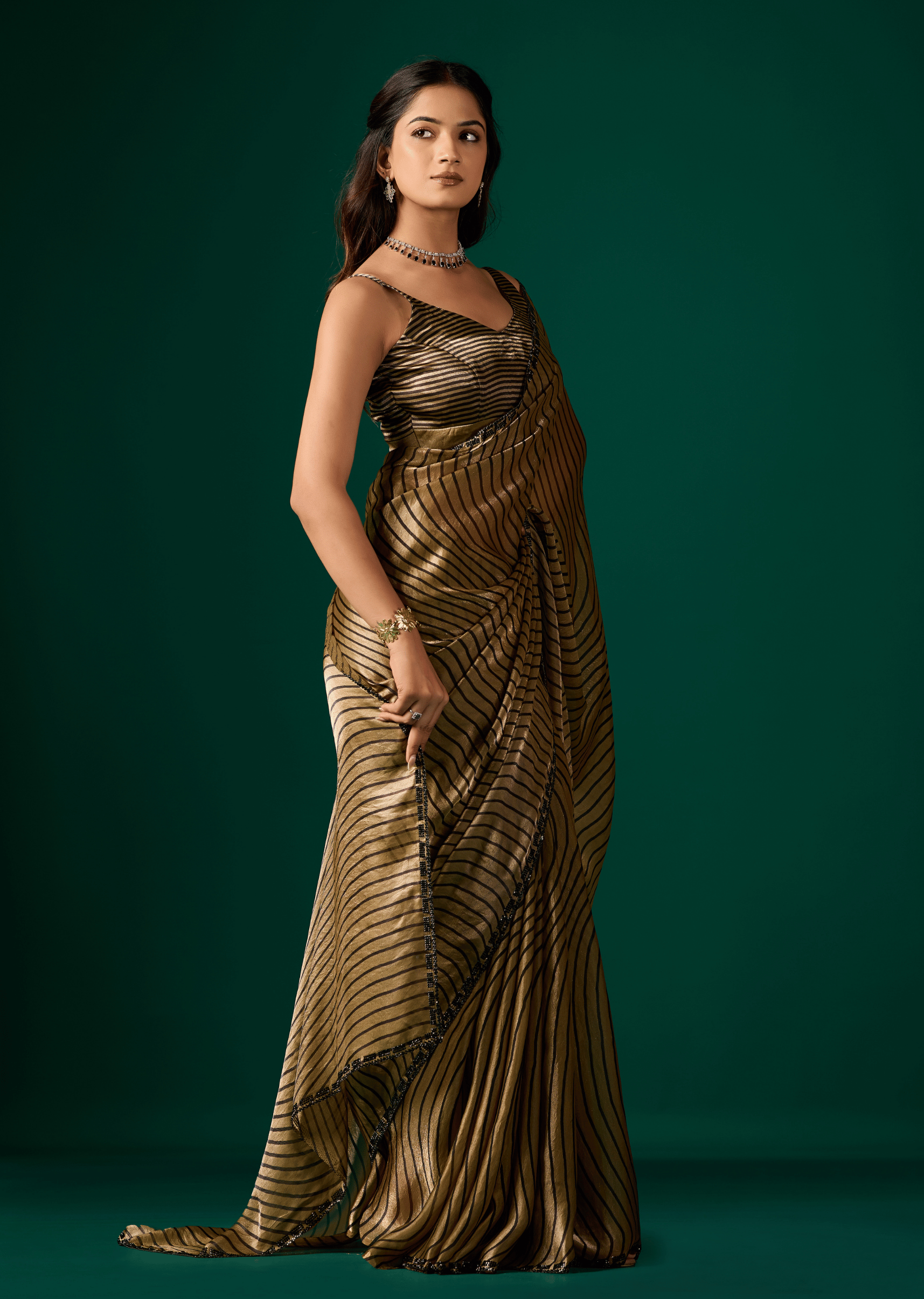 Gold Italian Silk Saree Side View - Festive Wear Saree