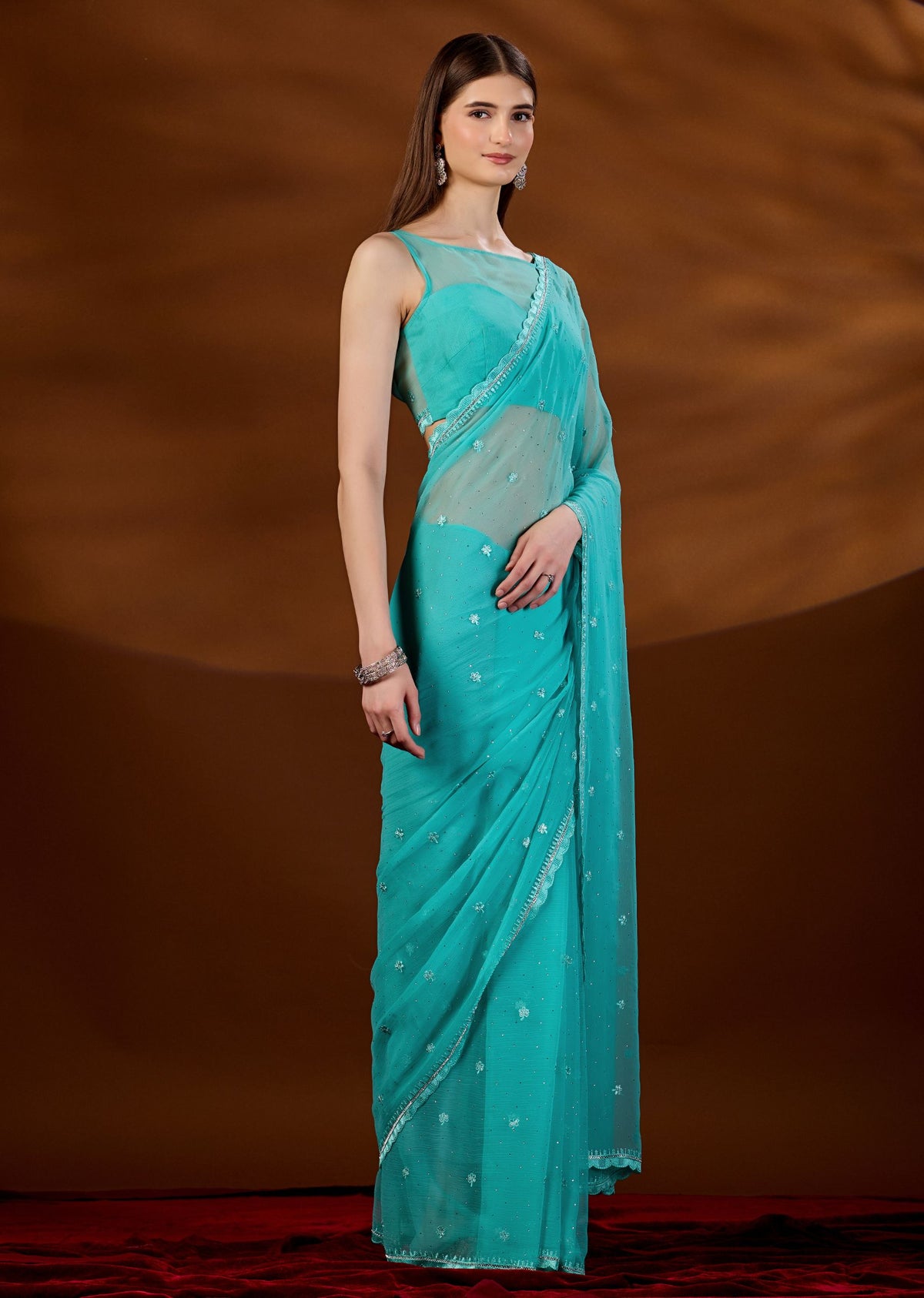 Firozi Chiffon Saree Styled Look - Scalloped Edge Detail