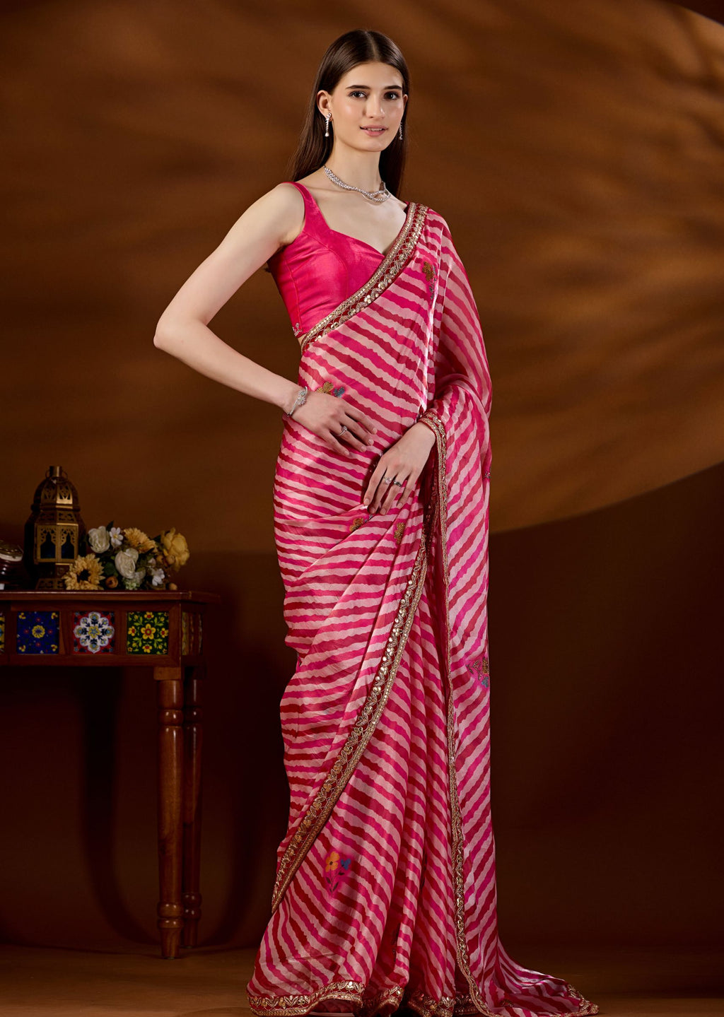 Red Pink Italian Silk Saree With Floral Booti - Front Look | Buy Online Ethnic9
