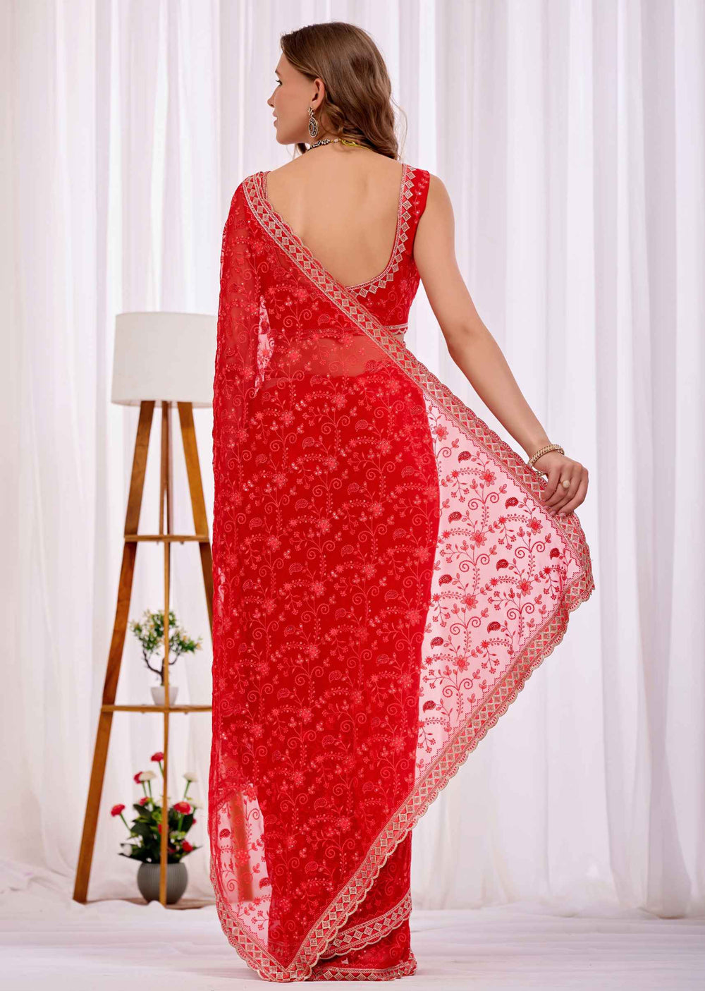 Red Chiffon Saree With Floral Embroidery And Stone Border