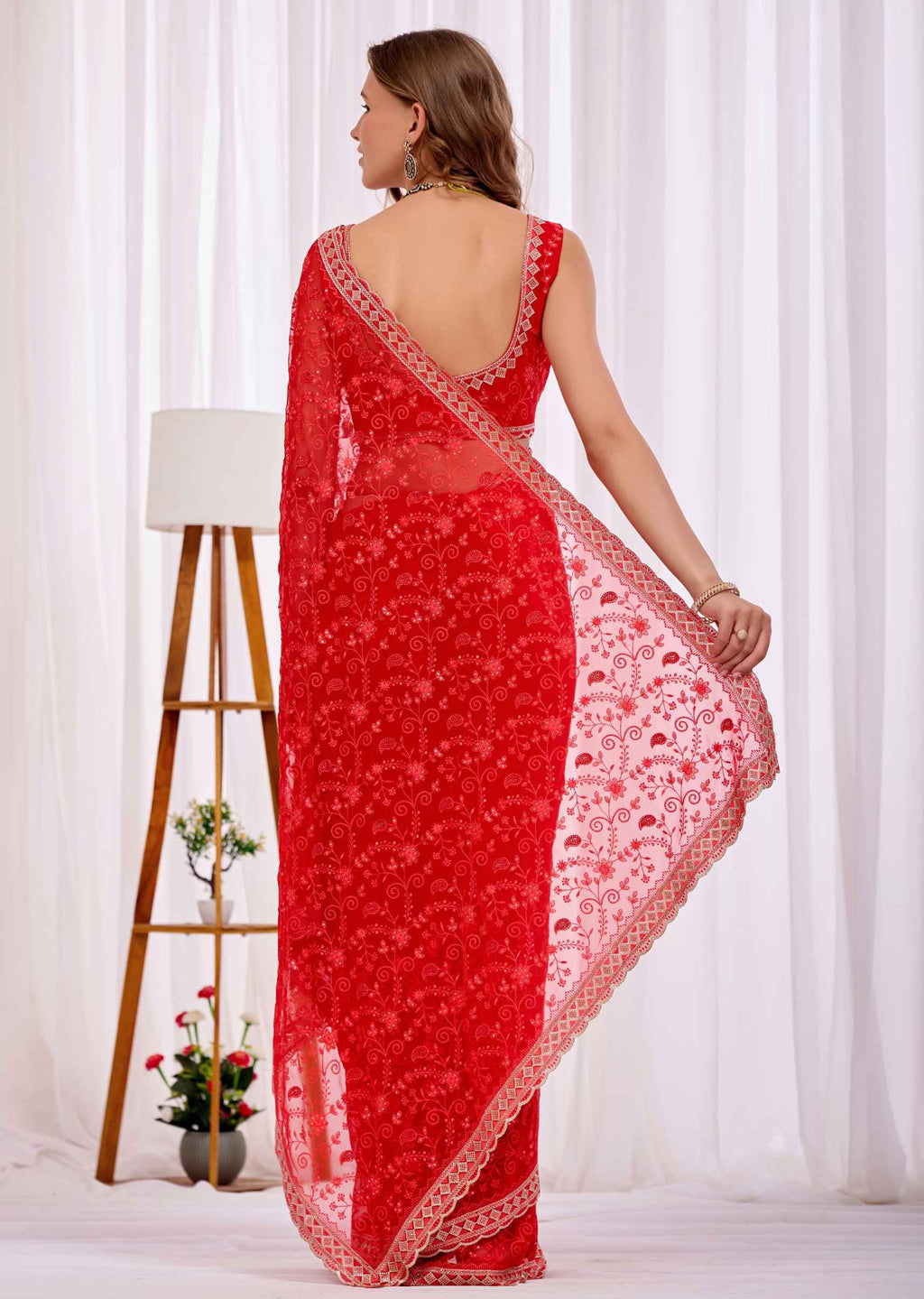Red Chiffon Saree With Floral Embroidery And Stone Border