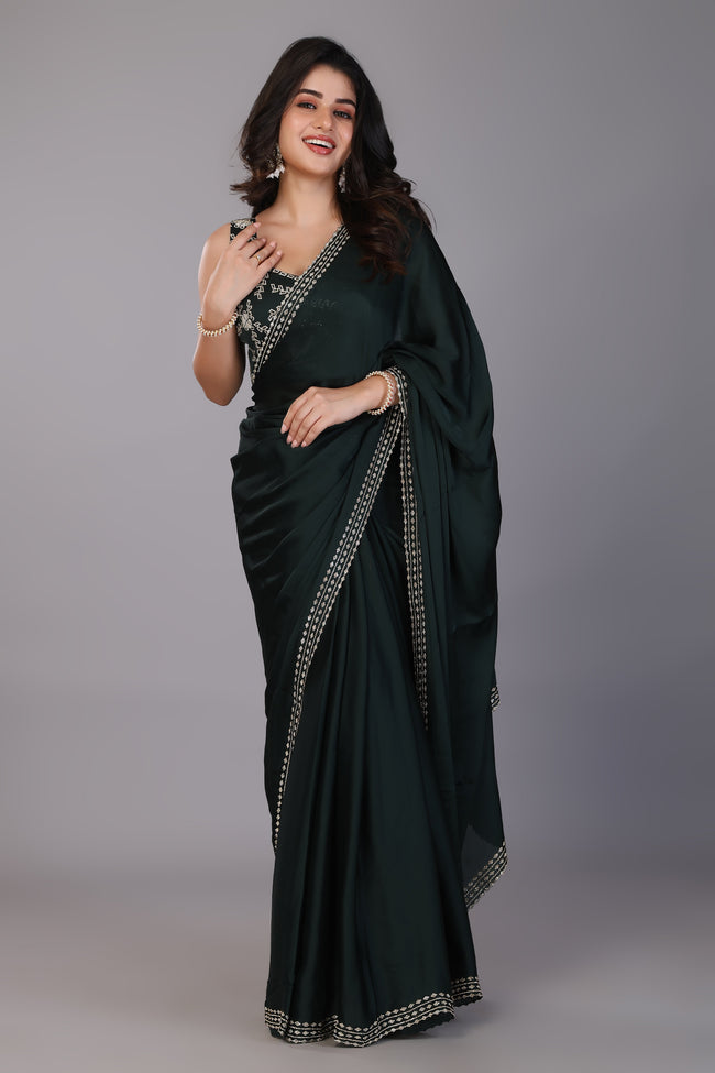 Dark green stone work pure satin saree Main Image
