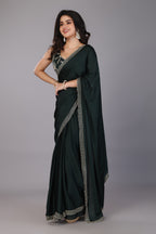 Dark green stone work pure satin saree