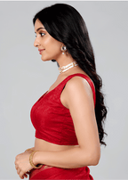 Deep Red Jacquard Sleeveless Sweetheart Neck Readymade Blouse for Women