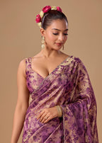 Ethnic9 Purple Floral Brocade Sweetheart Neck Sleeveless Readymade Blouse for Women