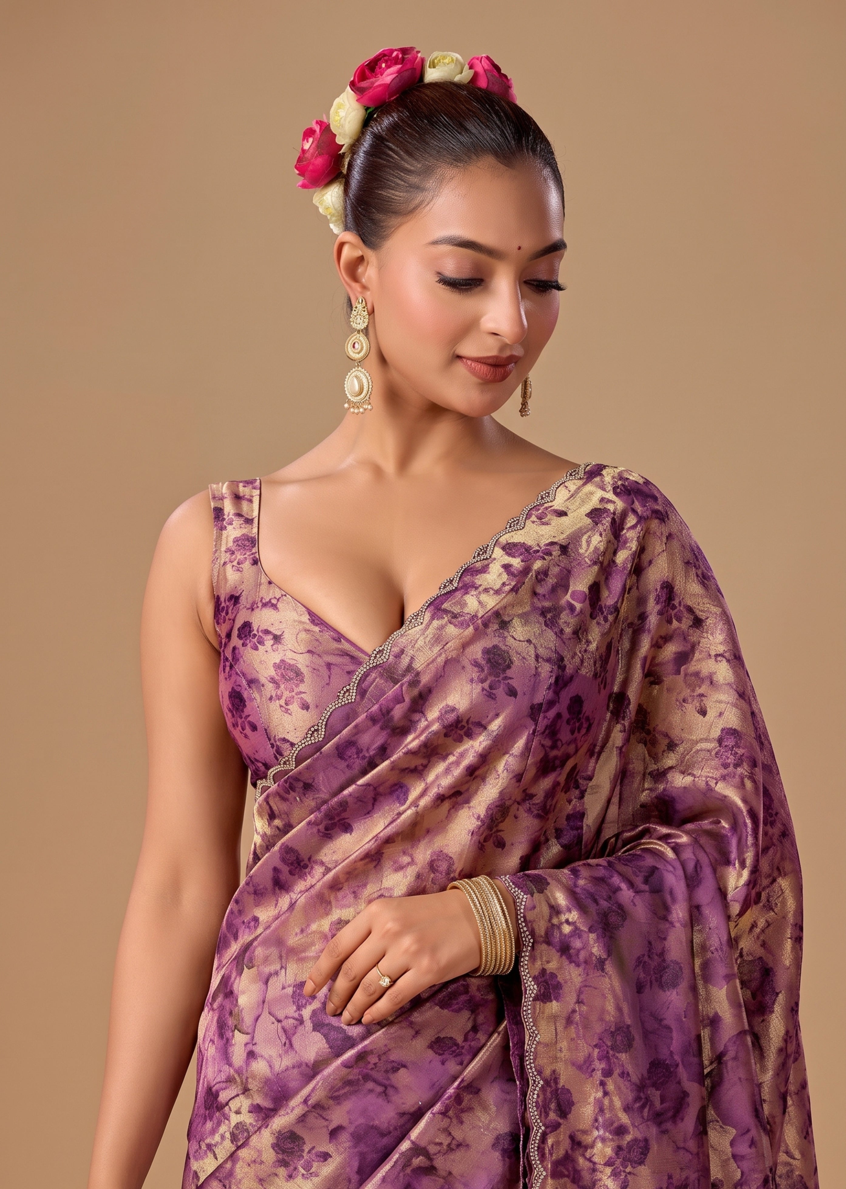 Ethnic9 Purple Floral Brocade Sweetheart Neck Sleeveless Readymade Blouse for Women