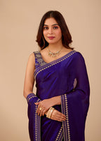 Royal Blue Organza Saree with Stone Work Border & Designer Embellished Blouse