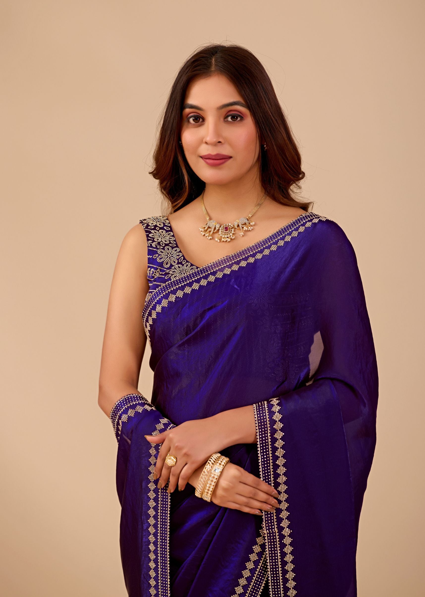 Royal Blue Organza Saree with Stone Work Border & Designer Embellished Blouse