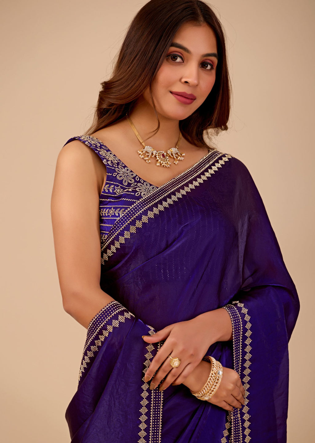 Royal Blue Organza Saree with Stone Work Border & Designer Embellished Blouse