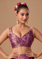 Ethnic9 Purple Floral Brocade Sweetheart Neck Sleeveless Readymade Blouse for Women