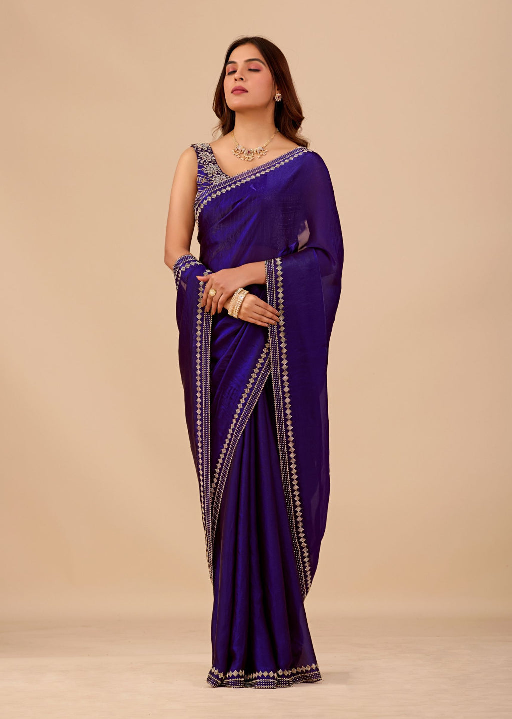 Royal Blue Organza Saree with Stone Work Border & Designer Embellished Blouse